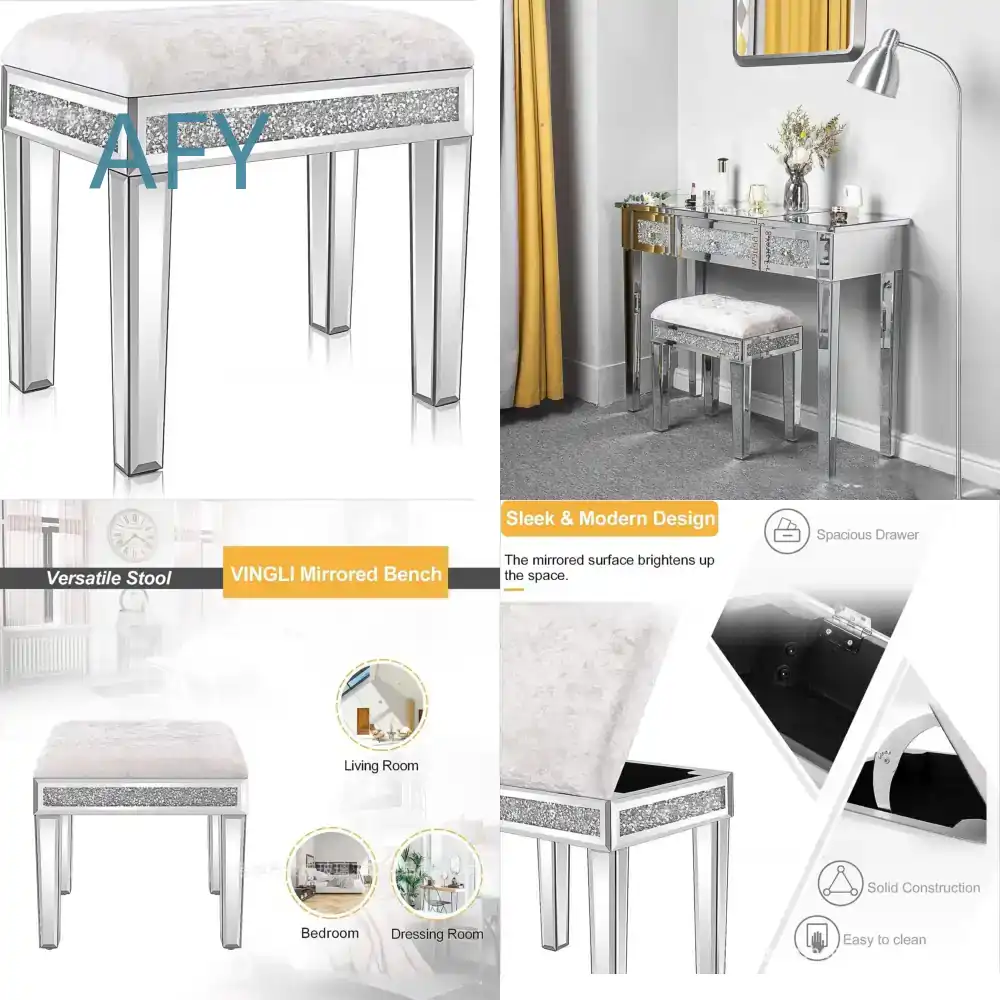 Muji Home Storage - Döşemeli Kadife Aynalı Makyaj Taburesi, Ev